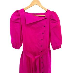 Vtg Abrizzi 100% Pure‎ Silk Dress Pink Asymmetrical Neck Puff Sleeve Belted 6